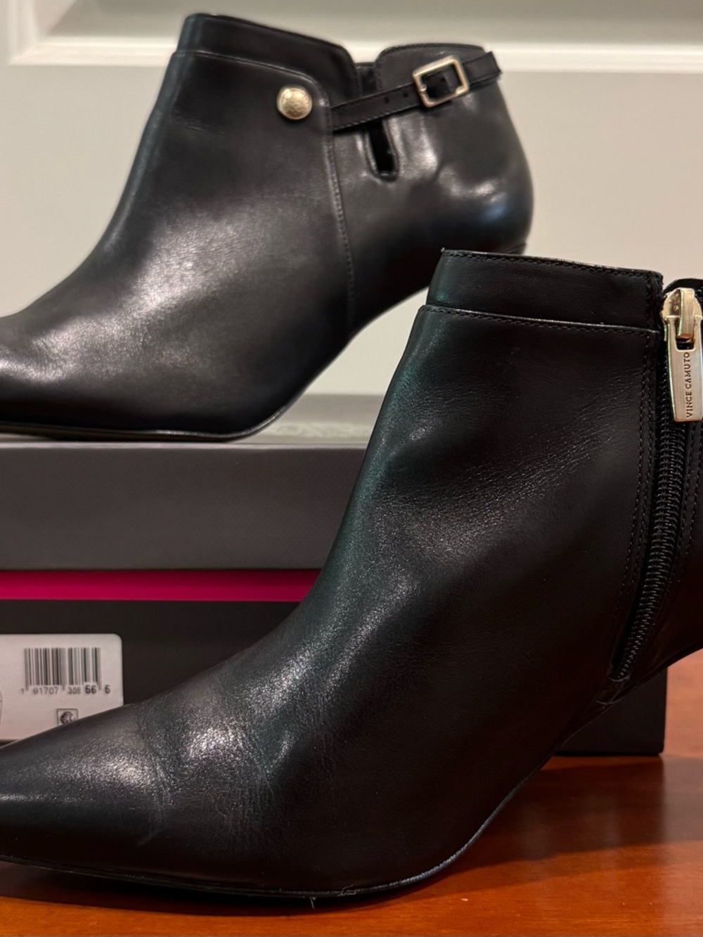 Vince Camuto Black Leather Pointed Ankle Booties with Side Zip